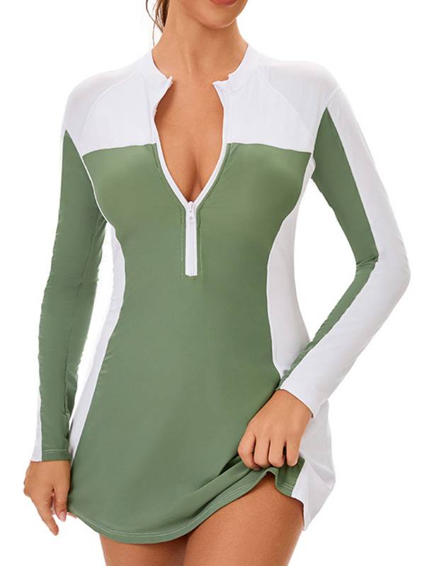 Women Long Sleeve Front Zipper Swim A-line Dress UPF 50+ Rash Guard thumb