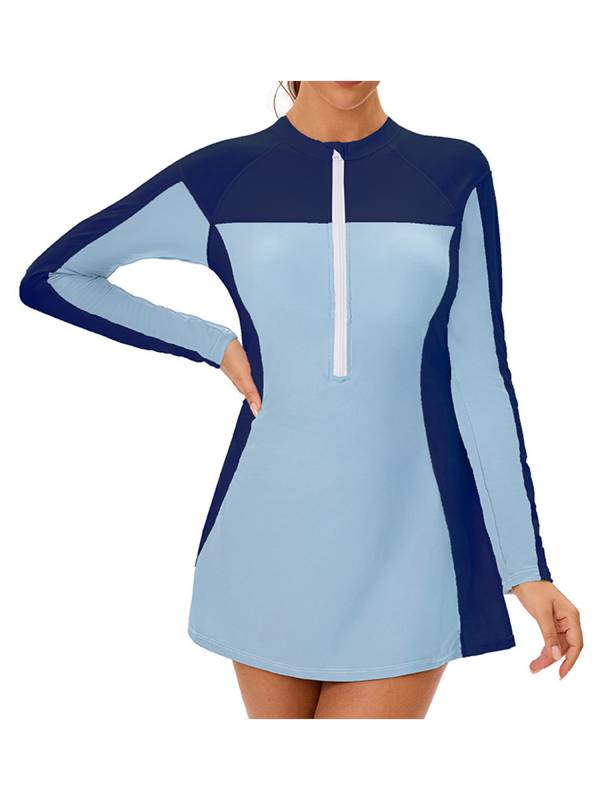 Women Long Sleeve Front Zipper Swim A-line Dress UPF 50+ Rash Guard thumb