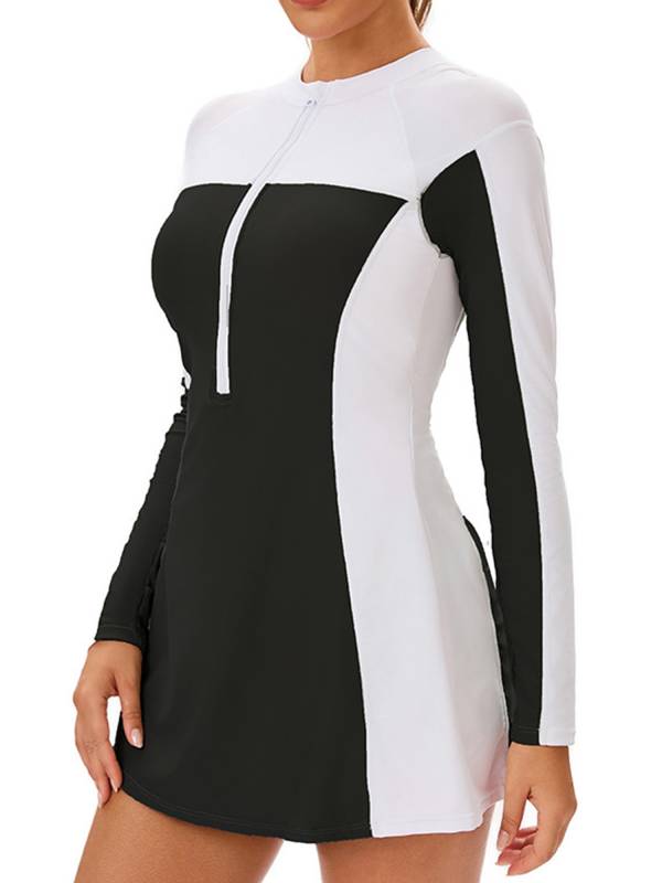 Women Long Sleeve Front Zipper Swim A-line Dress UPF 50+ Rash Guard thumb