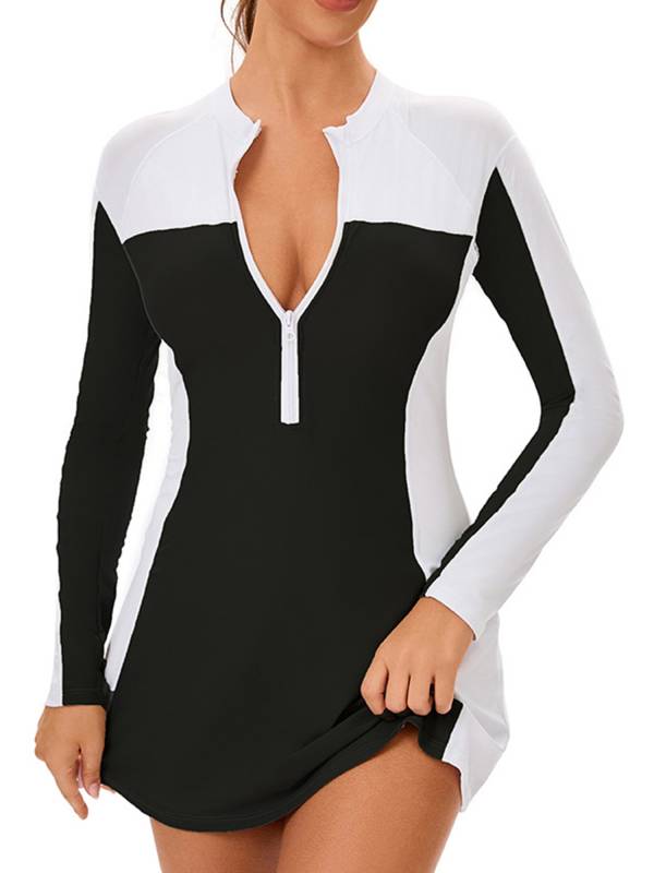 Women Long Sleeve Front Zipper Swim A-line Dress UPF 50+ Rash Guard thumb