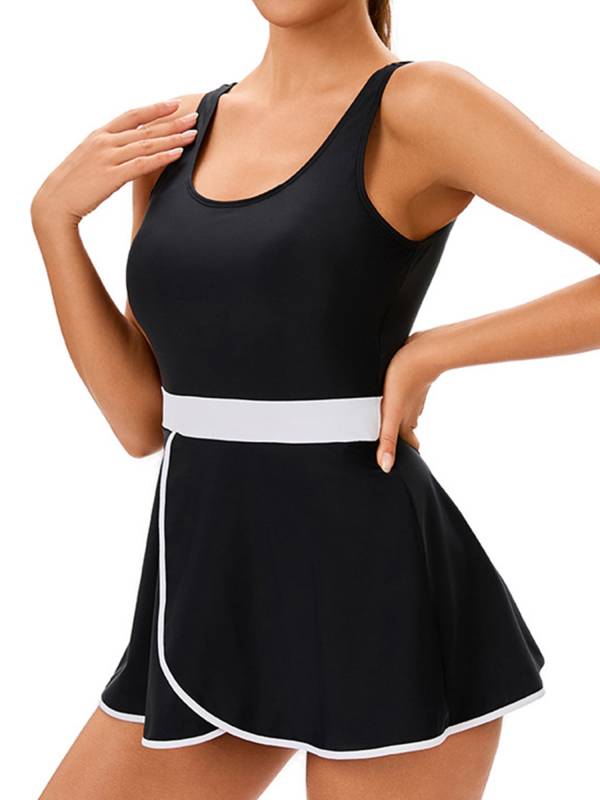 Women Two Pieces Beach Rash Guard Sleeveless Swim Dress with Briefs Set thumb