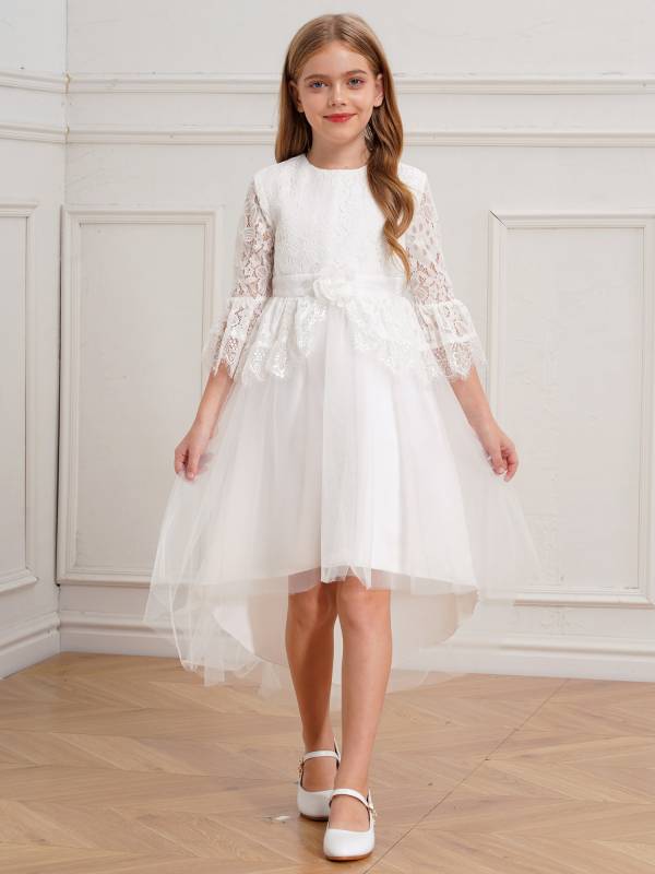 Girls Lace Hallowed Sleeves Hi-Low Tulle Dress for Flower Girls thumb