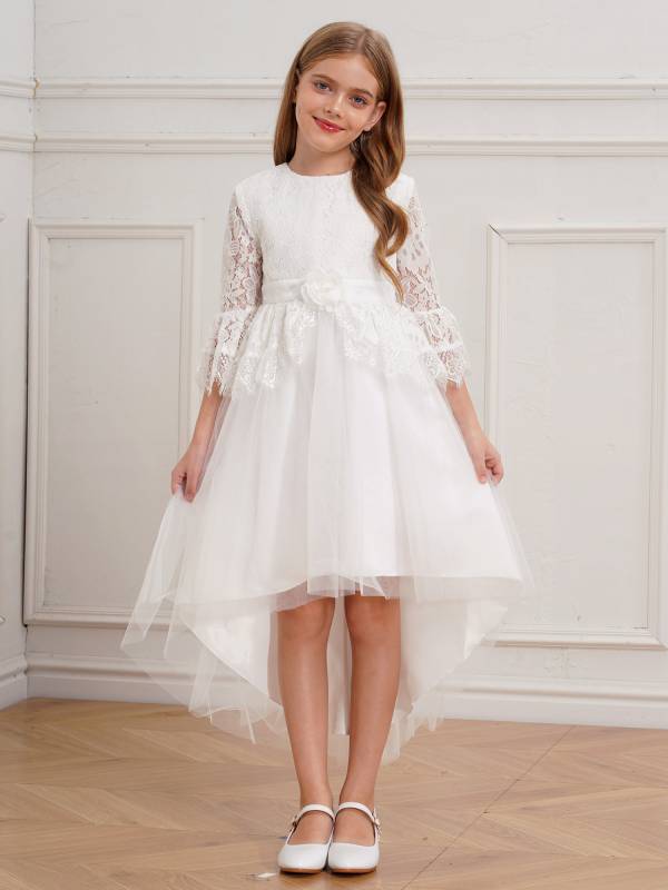 Girls Lace Hallowed Sleeves Hi-Low Tulle Dress for Flower Girls thumb