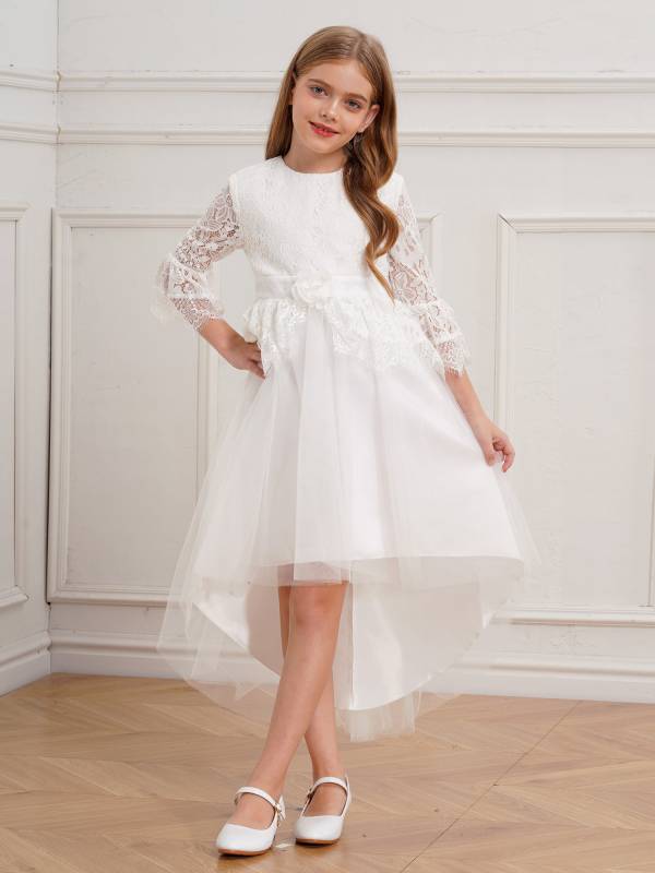 Girls Lace Hallowed Sleeves Hi-Low Tulle Dress for Flower Girls thumb