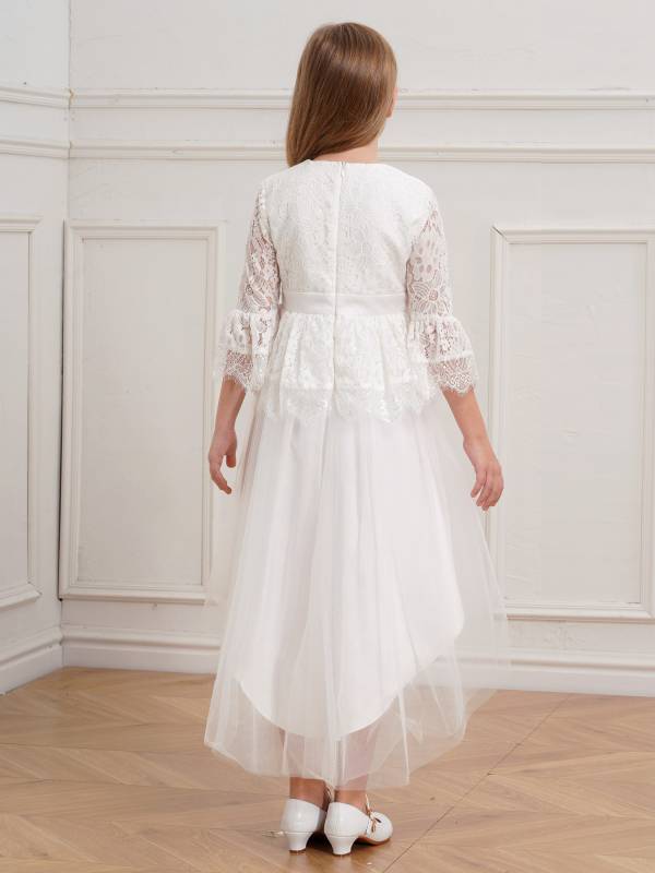 Girls Lace Hallowed Sleeves Hi-Low Tulle Dress for Flower Girls thumb