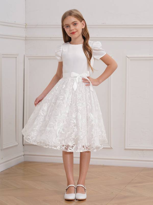 Girls Short Sleeve Embroidery Tulle Knee Length Dress with Belt for Communion thumb