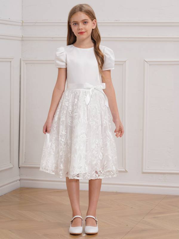 Girls Short Sleeve Embroidery Tulle Knee Length Dress with Belt for Communion thumb