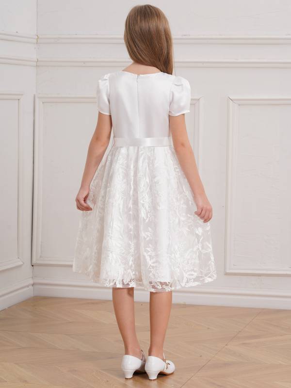 Girls Short Sleeve Embroidery Tulle Knee Length Dress with Belt for Communion thumb