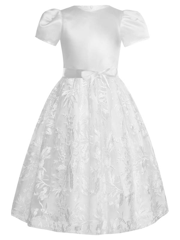 Girls Short Sleeve Embroidery Tulle Knee Length Dress with Belt for Communion thumb