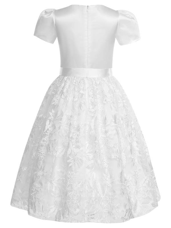 Girls Short Sleeve Embroidery Tulle Knee Length Dress with Belt for Communion thumb