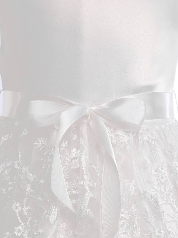 Girls Short Sleeve Embroidery Tulle Knee Length Dress with Belt for Communion thumb