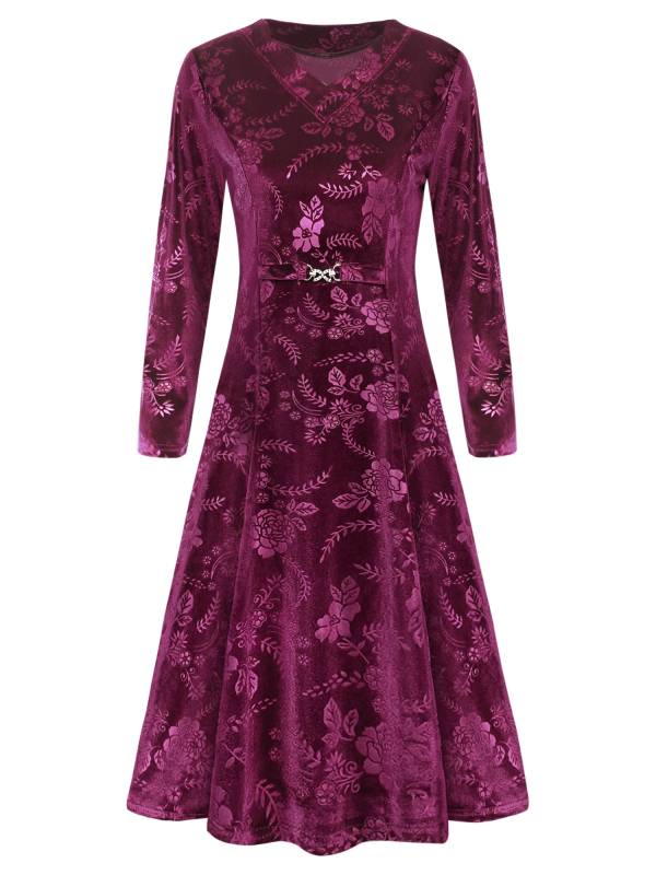 Women Long Sleeve V-neck Velvet Floral Mother of the Bride Dress thumb
