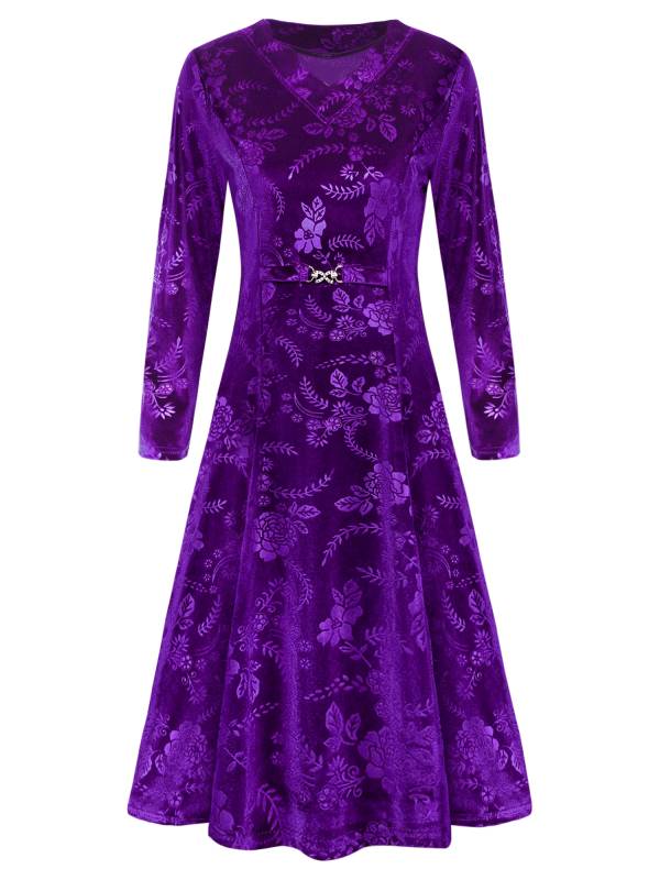 Women Long Sleeve V-neck Velvet Floral Mother of the Bride Dress thumb