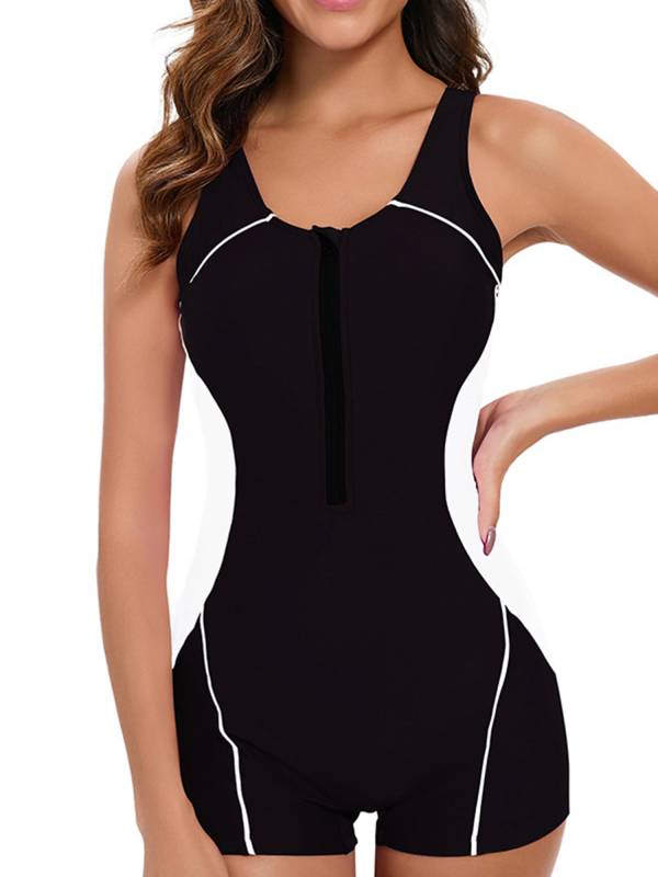 Women U Neck Sleeveless Color Block Zip Up Swim Romper One Piece Swimsuit thumb