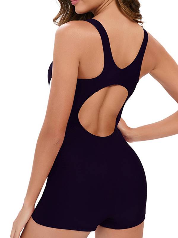 Women U Neck Sleeveless Color Block Zip Up Swim Romper One Piece Swimsuit thumb