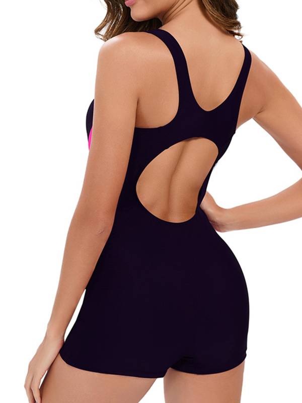 Women U Neck Sleeveless Color Block Zip Up Swim Romper One Piece Swimsuit thumb