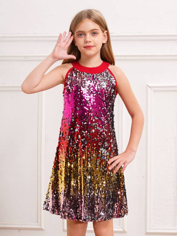 Kids Girls Sleeveless Glittery Sequins Dress for Birthday Party thumb