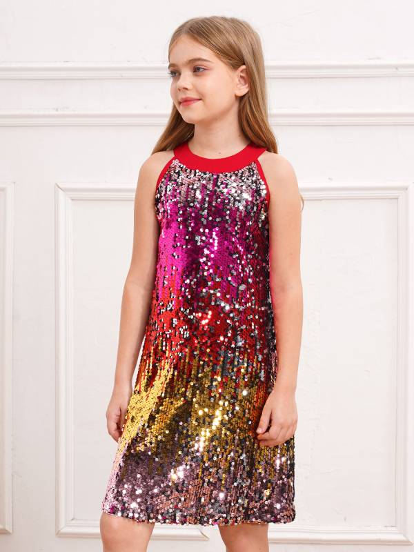 Kids Girls Sleeveless Glittery Sequins Dress for Birthday Party thumb