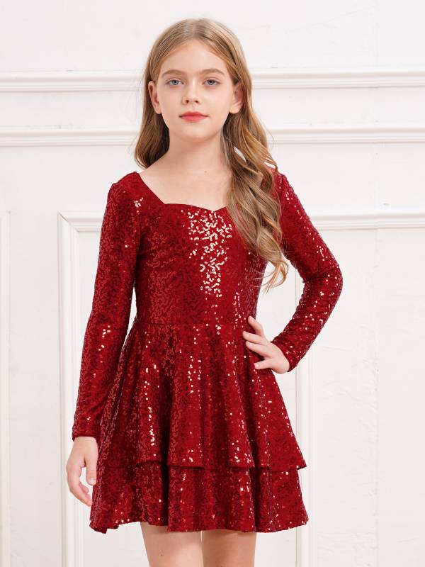 Kids Girls Long Sleeve Sequins A-line Party Dress thumb
