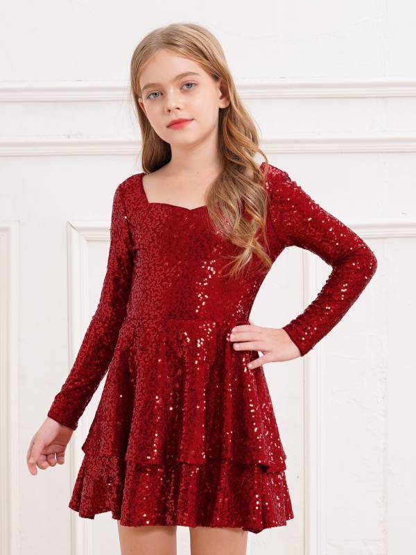 Kids Girls Long Sleeve Sequins A-line Party Dress thumb