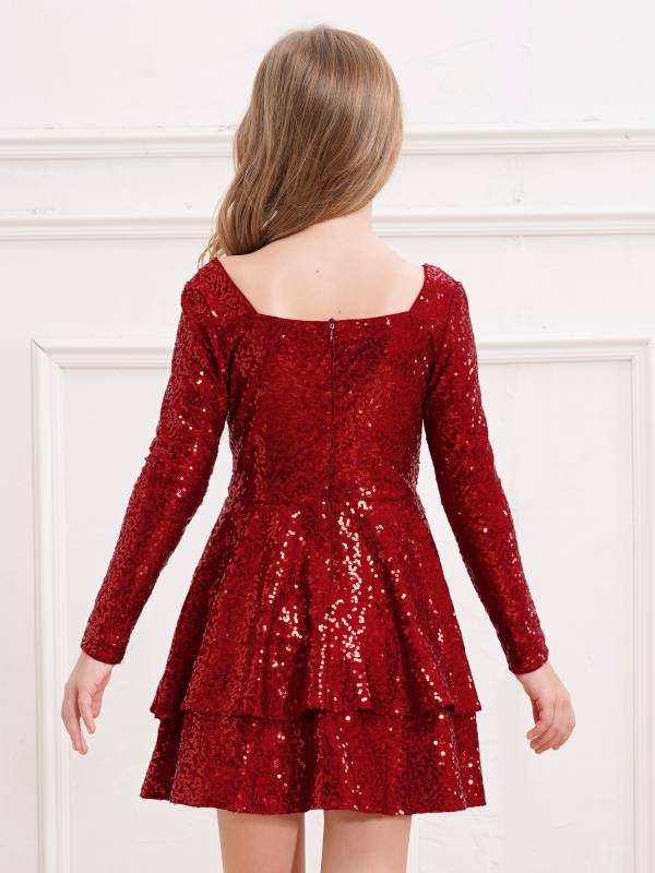 Kids Girls Long Sleeve Sequins A-line Party Dress thumb