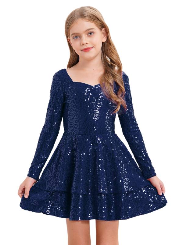 Kids Girls Long Sleeve Sequins A-line Party Dress thumb