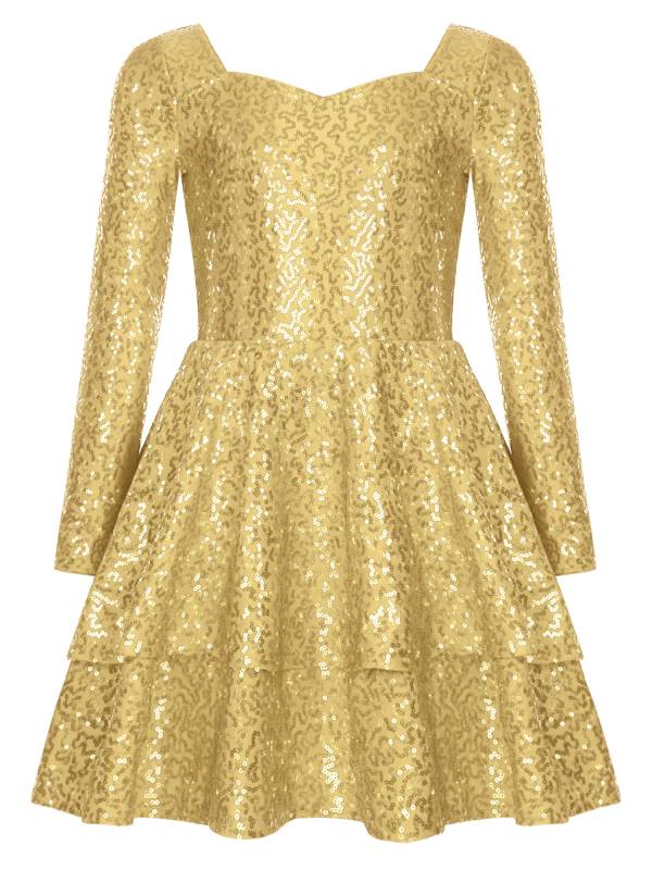 Kids Girls Long Sleeve Sequins A-line Party Dress thumb
