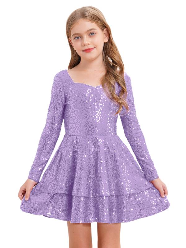 Kids Girls Long Sleeve Sequins A-line Party Dress thumb