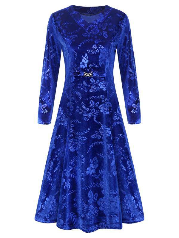 Women Long Sleeve V-neck Velvet Floral Mother of the Bride Dress thumb