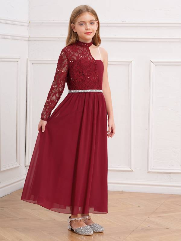 Kid Girls One Sleeve Sequins Lace Chiffon Flower Girls Dress thumb