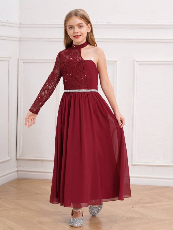 Kid Girls One Sleeve Sequins Lace Chiffon Flower Girls Dress thumb