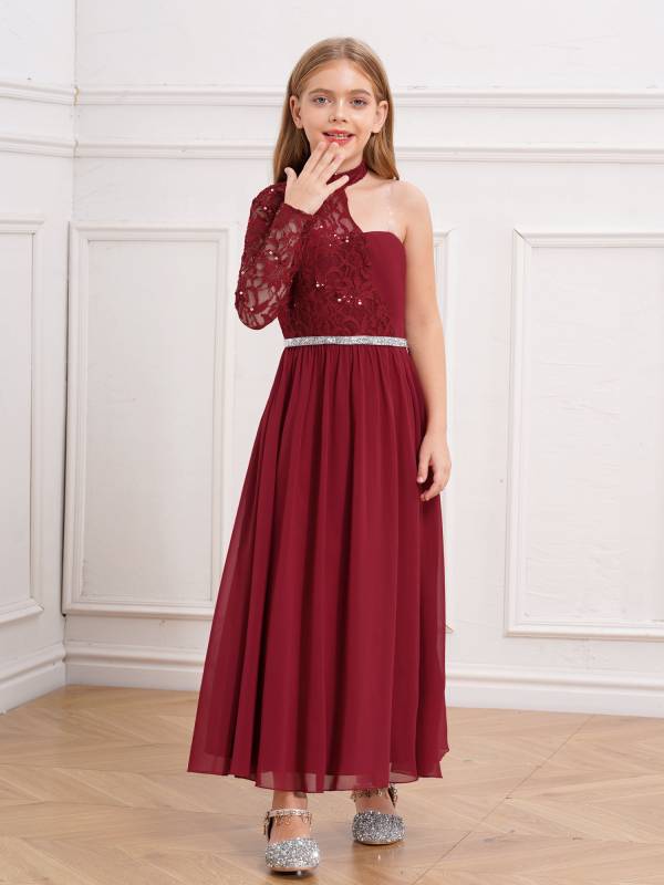 Kid Girls One Sleeve Sequins Lace Chiffon Flower Girls Dress thumb