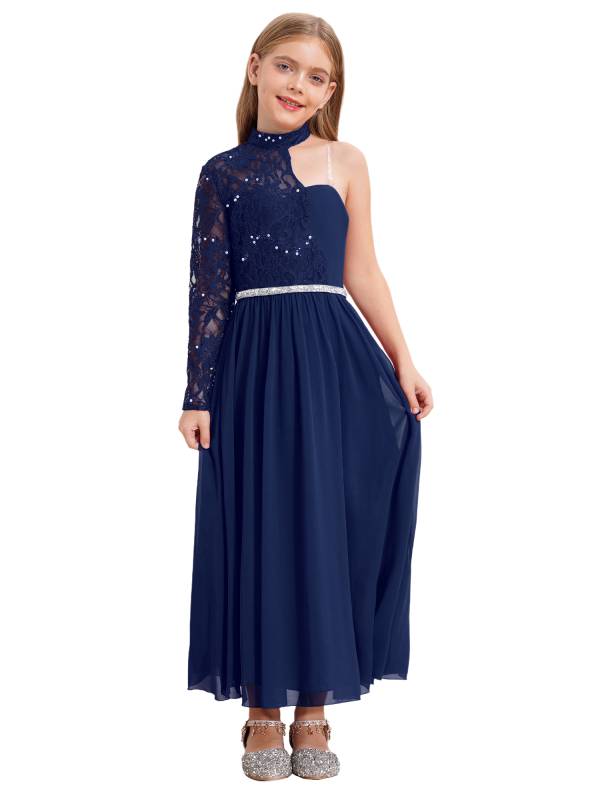 Kid Girls One Sleeve Sequins Lace Chiffon Flower Girls Dress thumb