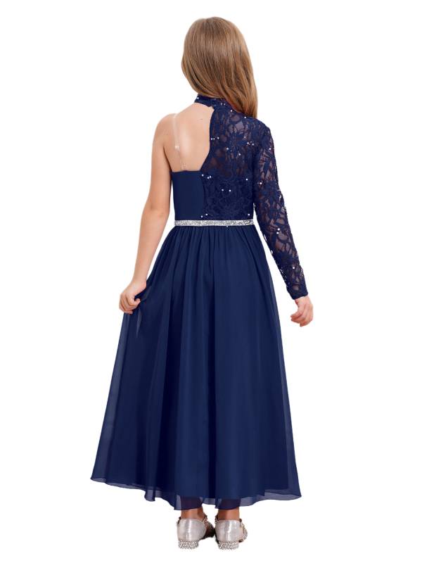 Kid Girls One Sleeve Sequins Lace Chiffon Flower Girls Dress thumb