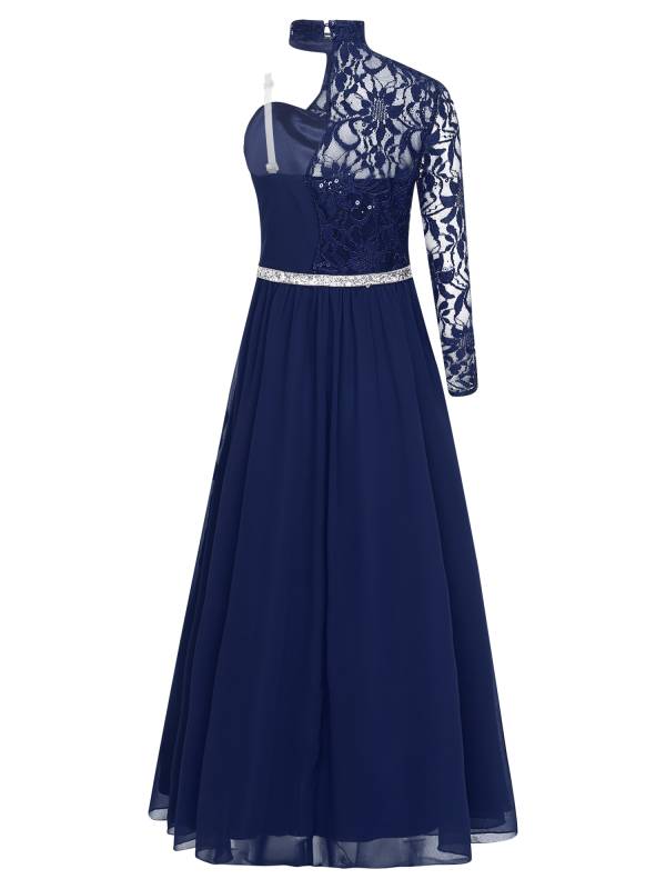Kid Girls One Sleeve Sequins Lace Chiffon Flower Girls Dress thumb