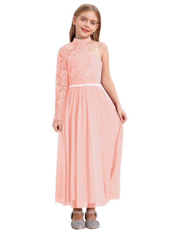 Kid Girls One Sleeve Sequins Lace Chiffon Flower Girls Dress thumb