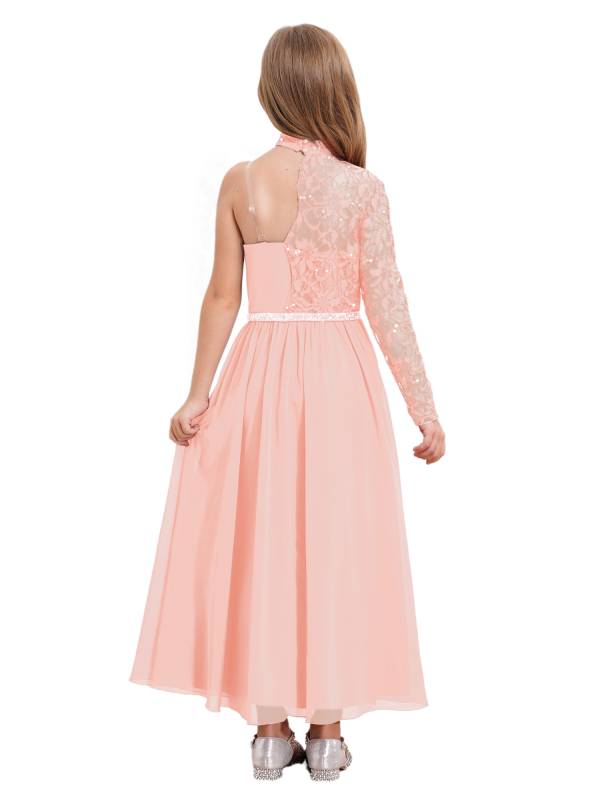 Kid Girls One Sleeve Sequins Lace Chiffon Flower Girls Dress thumb