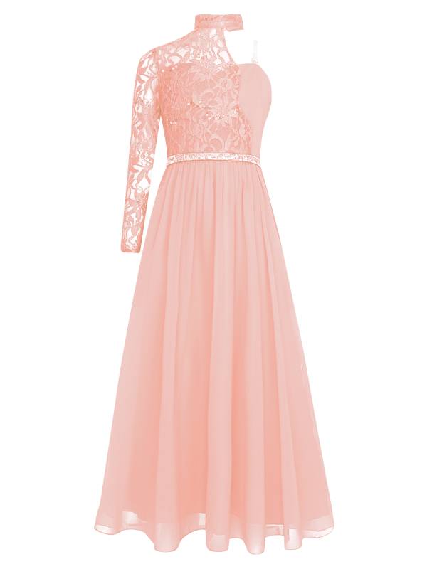 Kid Girls One Sleeve Sequins Lace Chiffon Flower Girls Dress thumb