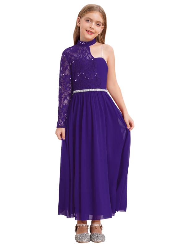 Kid Girls One Sleeve Sequins Lace Chiffon Flower Girls Dress thumb
