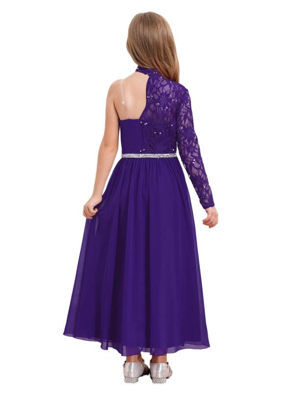 Kid Girls One Sleeve Sequins Lace Chiffon Flower Girls Dress thumb