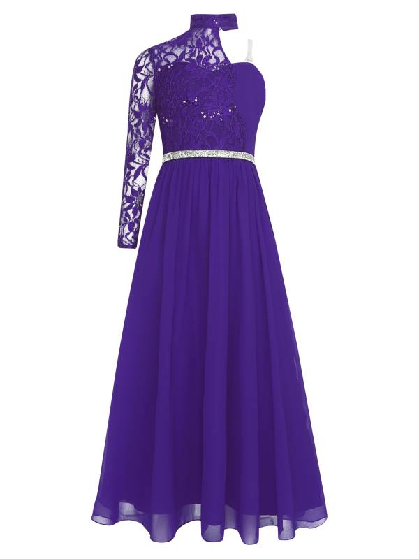 Kid Girls One Sleeve Sequins Lace Chiffon Flower Girls Dress thumb