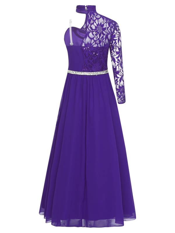 Kid Girls One Sleeve Sequins Lace Chiffon Flower Girls Dress thumb