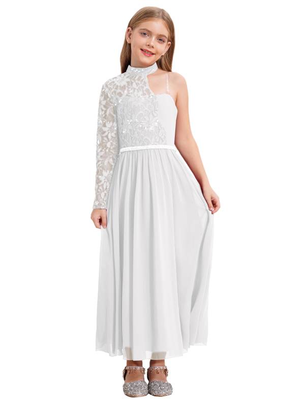 Kid Girls One Sleeve Sequins Lace Chiffon Flower Girls Dress thumb