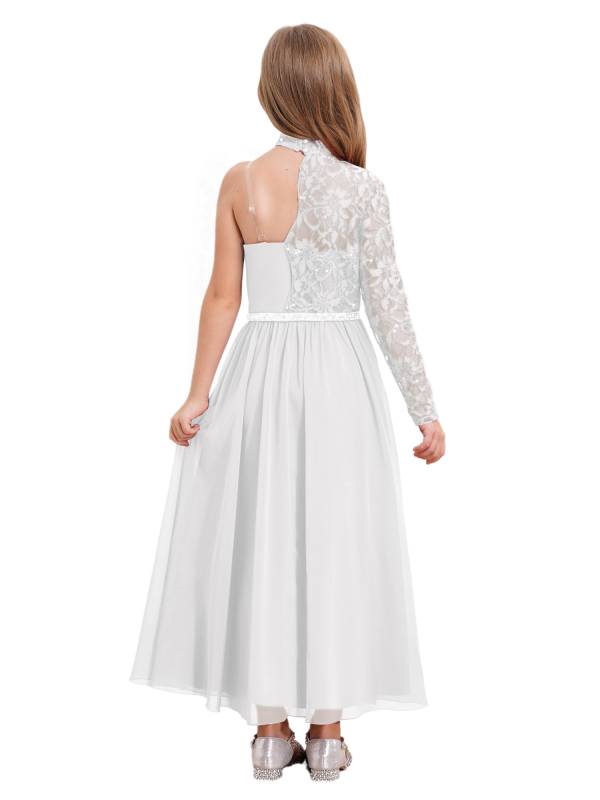 Kid Girls One Sleeve Sequins Lace Chiffon Flower Girls Dress thumb
