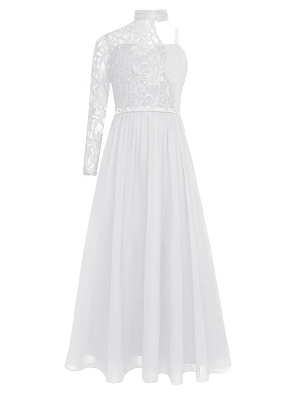 Kid Girls One Sleeve Sequins Lace Chiffon Flower Girls Dress thumb