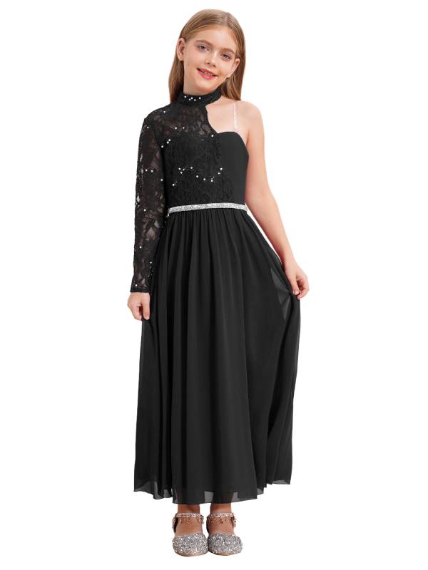 Kid Girls One Sleeve Sequins Lace Chiffon Flower Girls Dress thumb