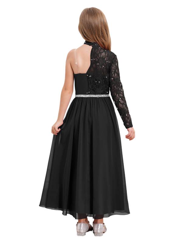 Kid Girls One Sleeve Sequins Lace Chiffon Flower Girls Dress thumb