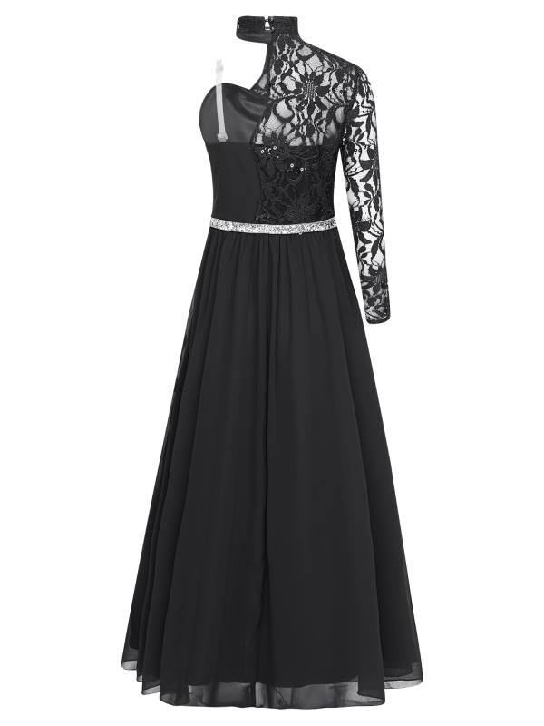 Kid Girls One Sleeve Sequins Lace Chiffon Flower Girls Dress thumb
