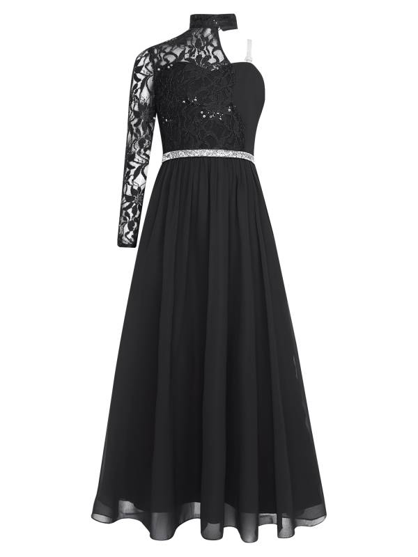 Kid Girls One Sleeve Sequins Lace Chiffon Flower Girls Dress thumb