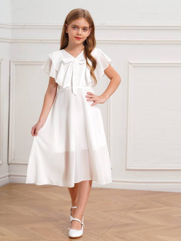 Kids Girls Short Sleeve V Neck Ruffle Chiffon A-line Dress thumb